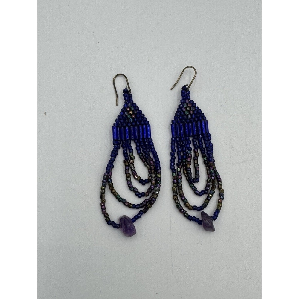 Blue & Iridescent Seed Bead Blue Earrings With Amethyst Stone